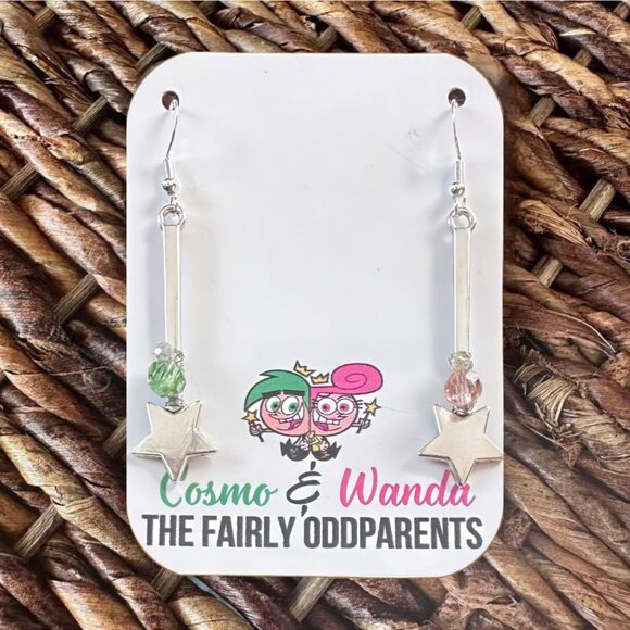 New Handmade Silver-Tone “Cosmo & Wanda” (The Fairly Oddparents) Wand Earrings - Picture 1 of 5